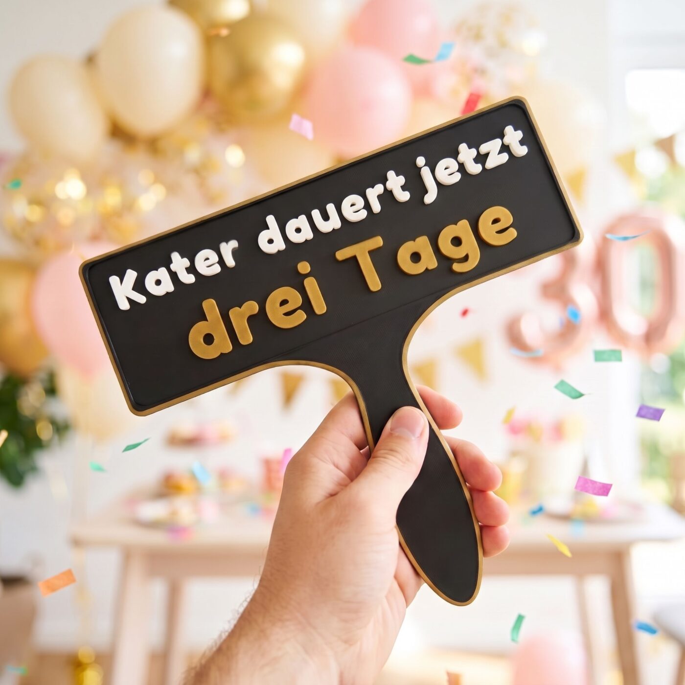 Maennerhand zeigt das Schild Kater dauert jetzt drei Tage vor bunten Luftballons