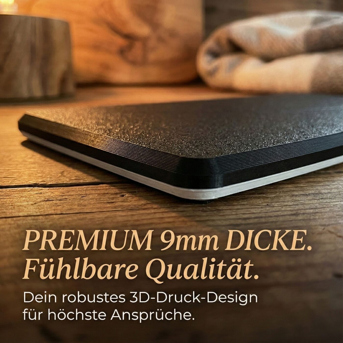 Ansicht zeigt die zwoelf Millimeter dicke Kante des massiven schwarz weissen Fotobox Schildes