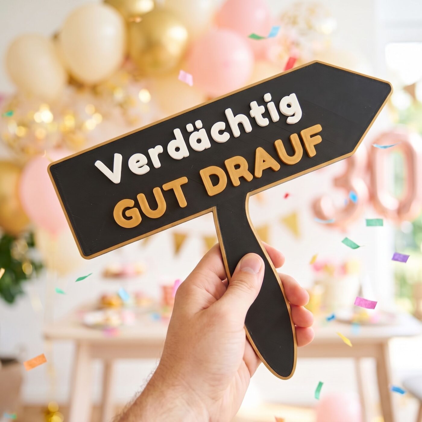 Pfeilfoermiges Fotobox Schild mit Text Verdaechtig gut drauf auf einer Geburtstagsparty