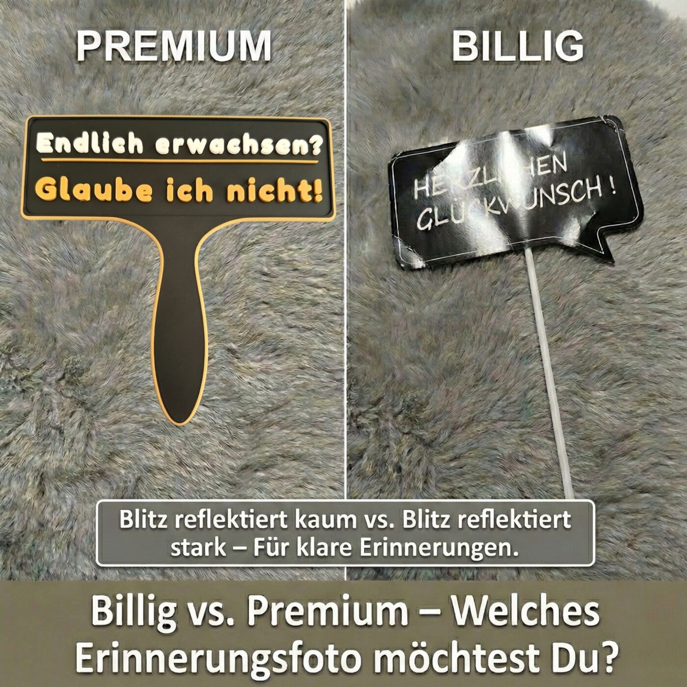 Vergleichsbild zwischen einem hochwertigen 3D Druck Schild und einem zerknitterten Papierschild