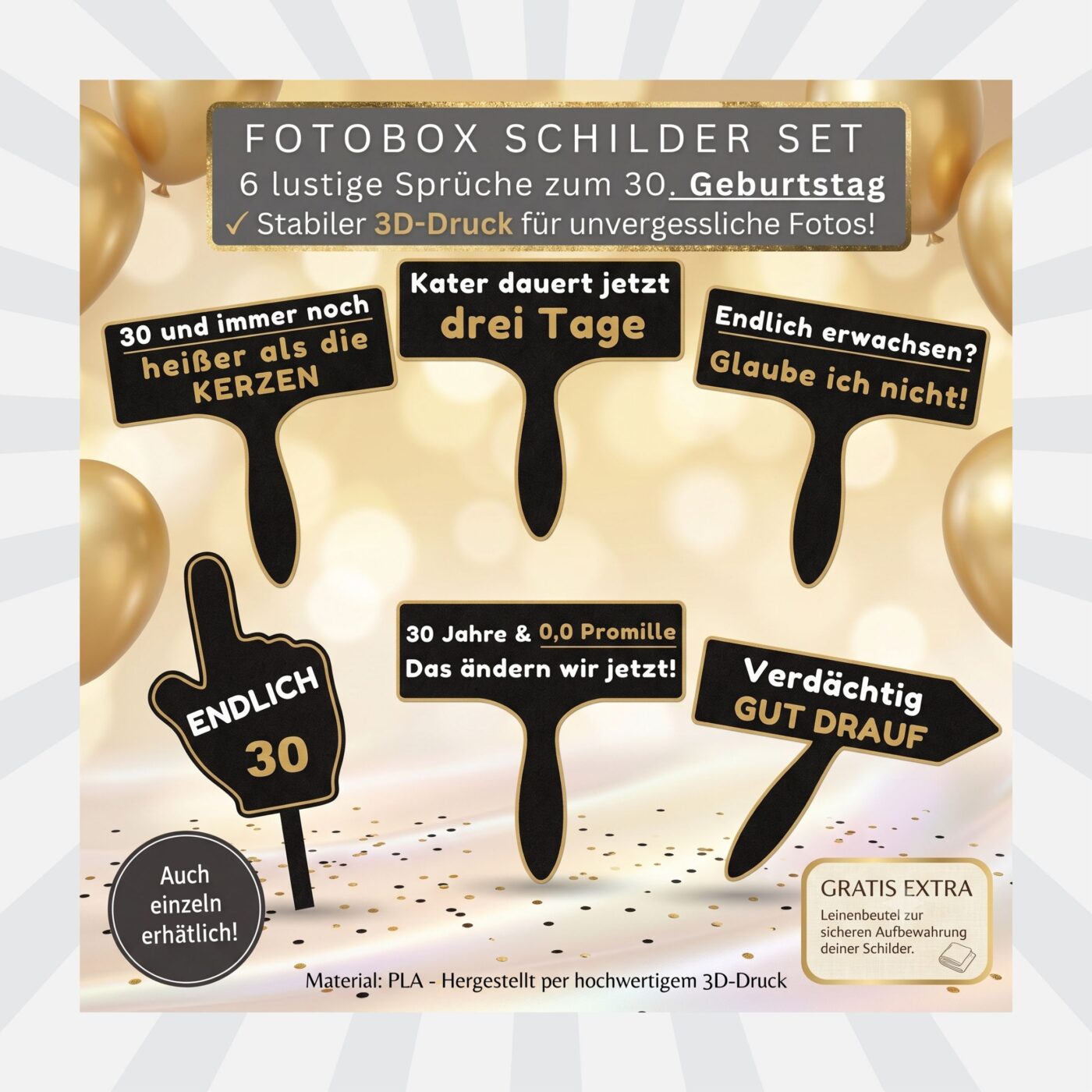 Sechs schwarze Fotobox Schilder zum 30. Geburtstag mit goldenen Spruechen vor festlichem Hintergrund