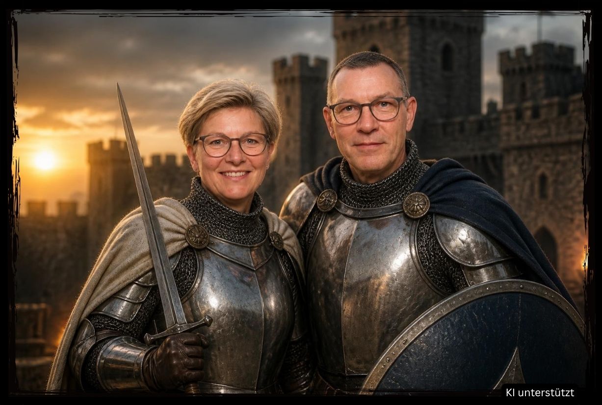 Zwei Personen in mittelalterlicher Rüstung und Kettenhemd vor einer Burgkulisse mit dramatischem Sonnenuntergang, generiert von Fotobox AI Chemnitz