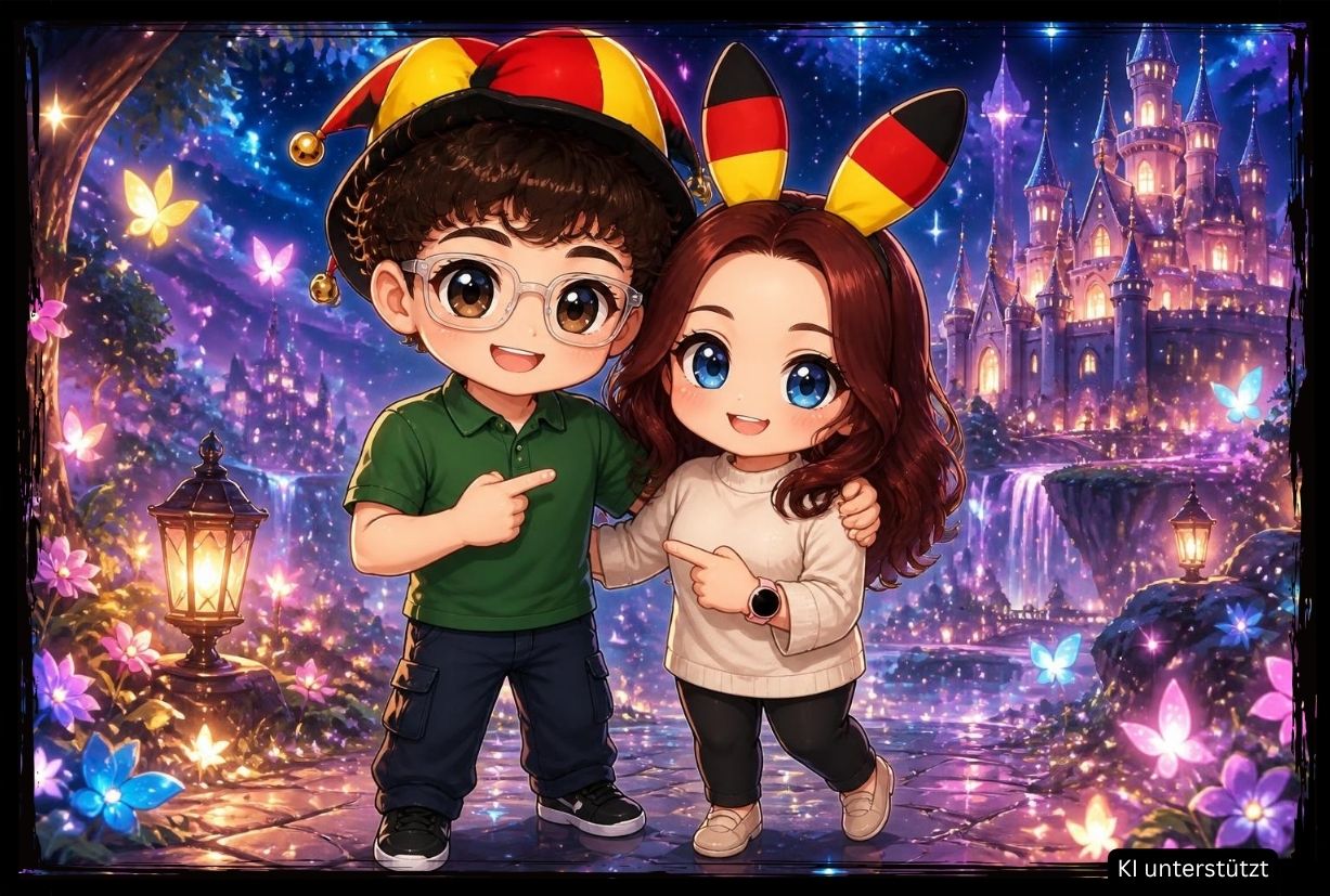 Zwei chibi-Charaktere mit großen Augen und Narrenkappe posieren vor einem leuchtenden Fantasy-Schloss mit magischen Schmetterlingen und Blüten - Chibi KI Fotobox