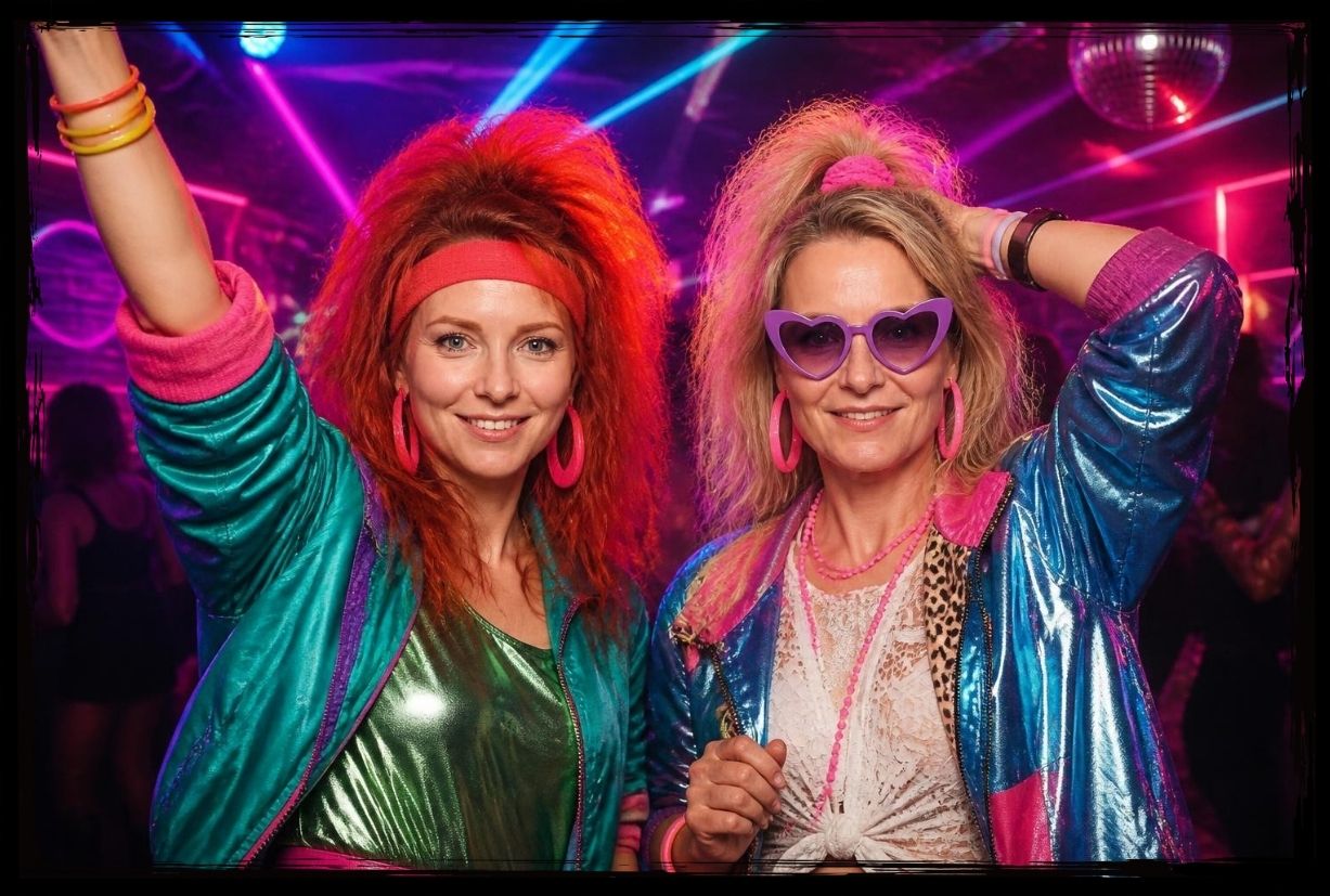 Zwei Frauen feiern in bunter Neon-Beleuchtung bei Fotobox Event in Chemnitz