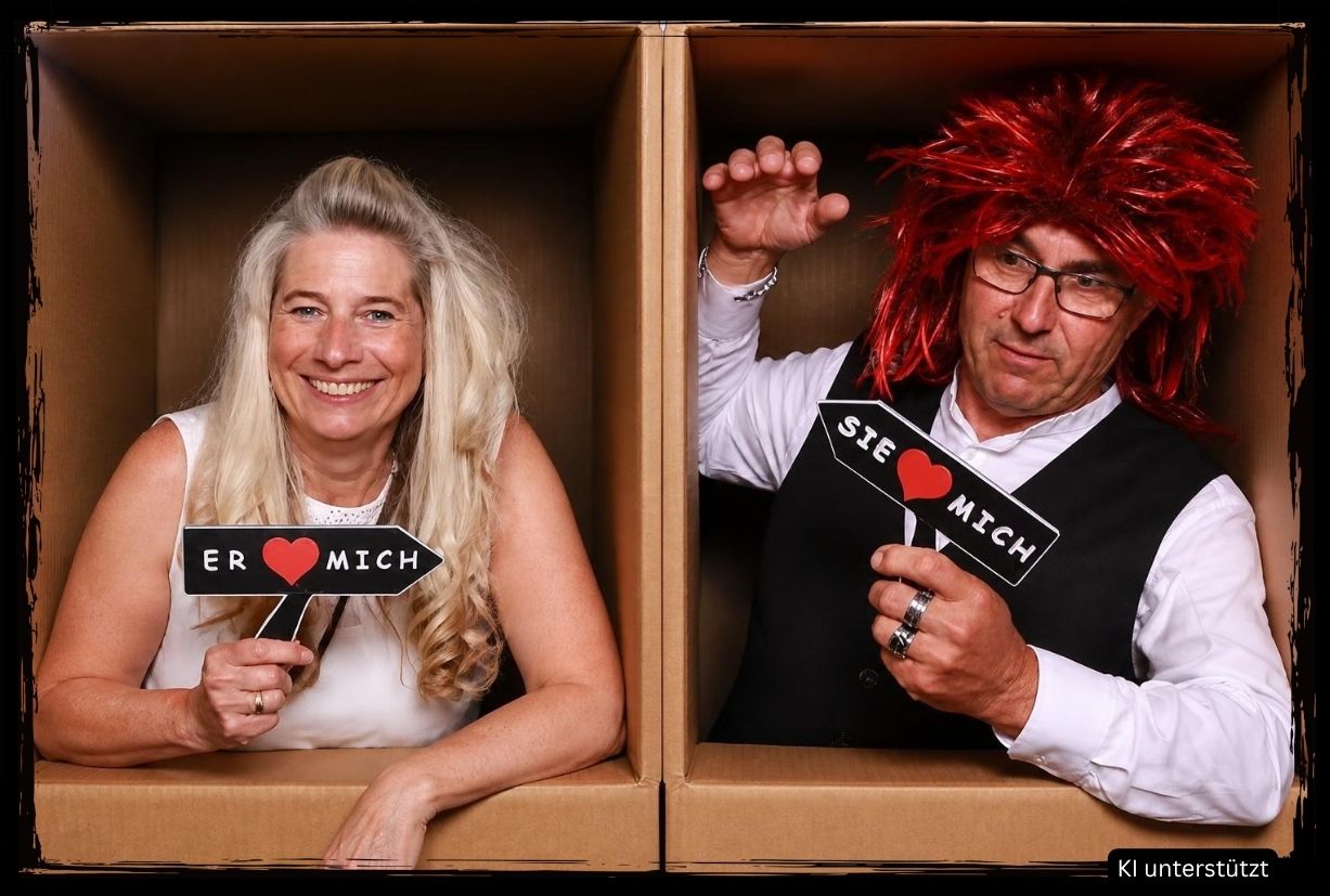 Zwei Personen posieren lachend in bemalten Kartons mit Er-liebt-mich und Sie-liebt-mich Schildern als kreative Fotobox-Prop