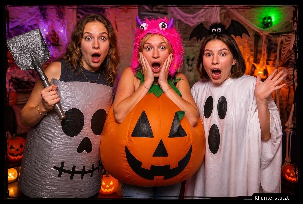 Drei Personen in Halloween-Kostümen posieren vor einer großen Jack-o'-Lantern Kürbis mit bunter LED-Beleuchtung und Fledermaus-Deko für eine Fotobox