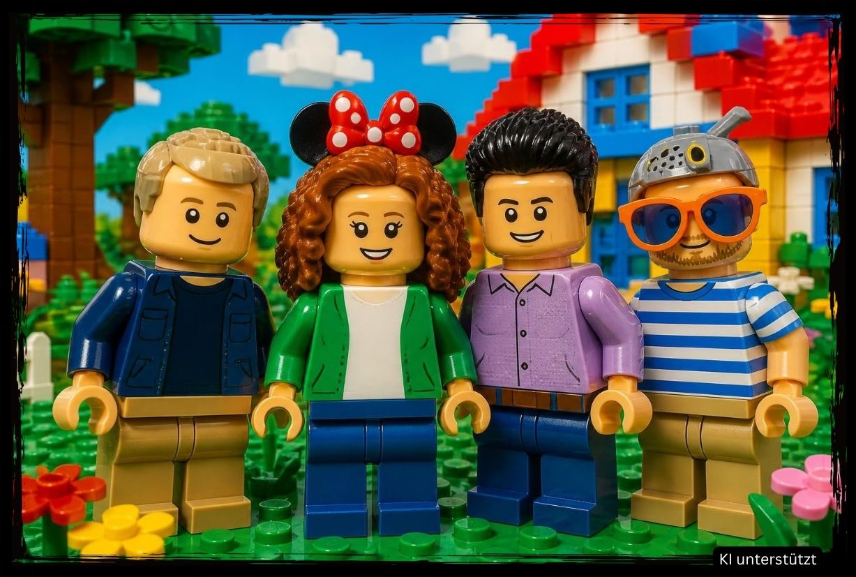 Vier LEGO-Figuren in bunter LEGO-Welt mit Häusern und Bäumen, perfekt für kreative Fotobox Miete Chemnitz