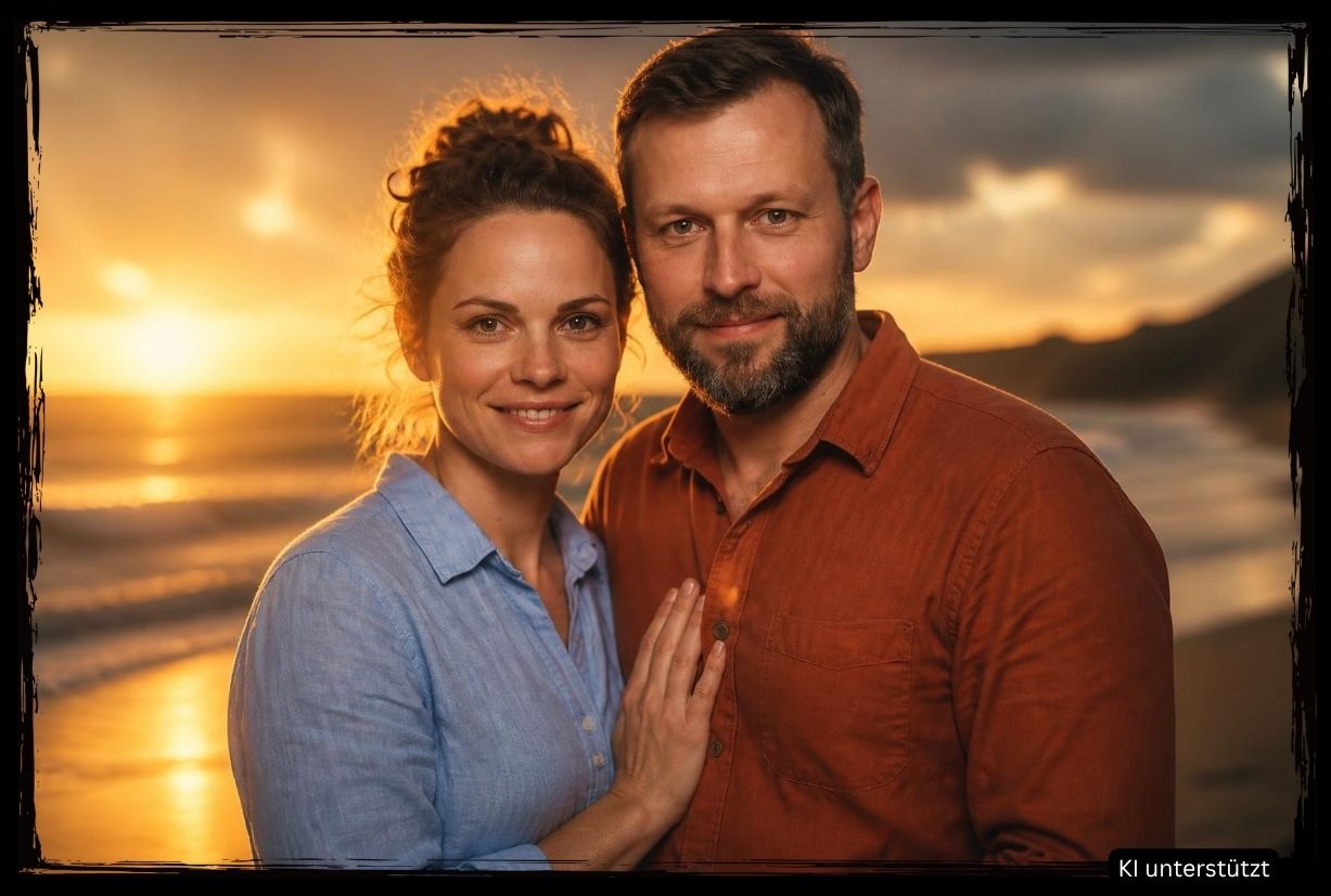 Paar am Strand bei Sonnenuntergang, erstellt mit KI-Fotobox Chemnitz