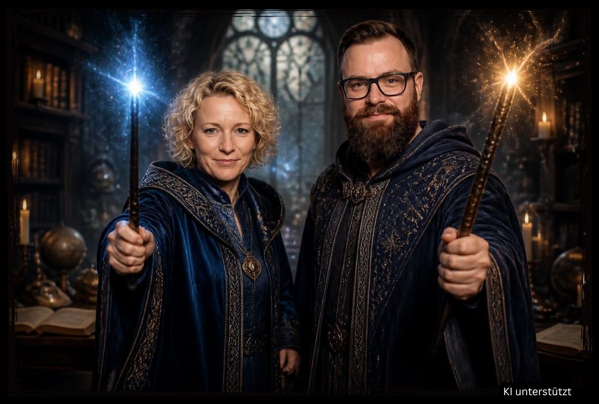 Zwei Personen in mittelalterlichen Kostümen mit blauen und goldenen Magieeffekten in einer Fotobox-Inszenierung für Mittweida