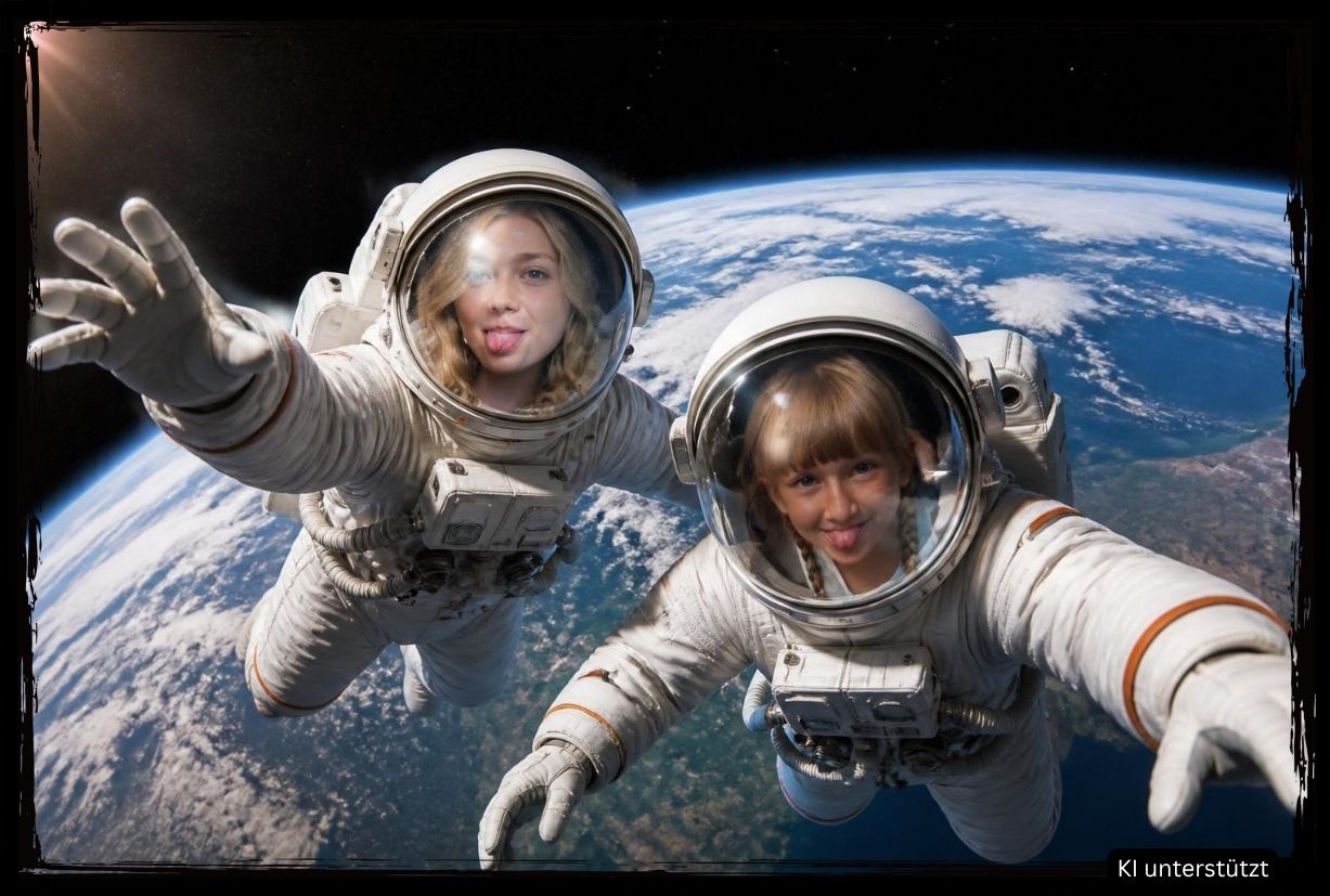 Zwei Kinder in Astronauten-Anzügen im Weltall mit Erde im Hintergrund - KI-generiertes Fotobox-Motiv für Party und Event