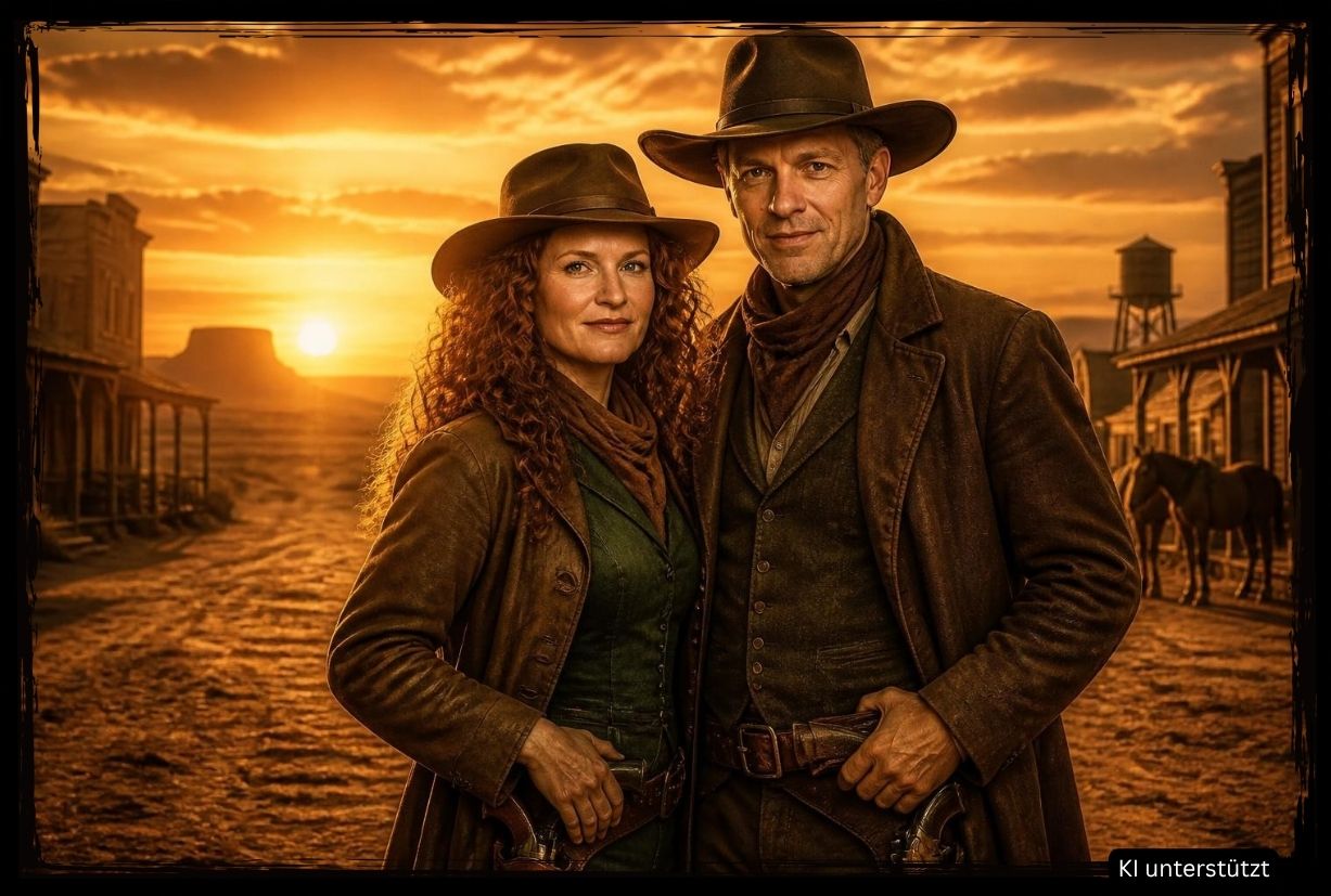 Zwei Personen in klassischer Western-Kleidung und Cowboy-Hüten posieren bei dramatischem Sonnenuntergang in einer autentischen Western-Kulisse für KI Fotobox