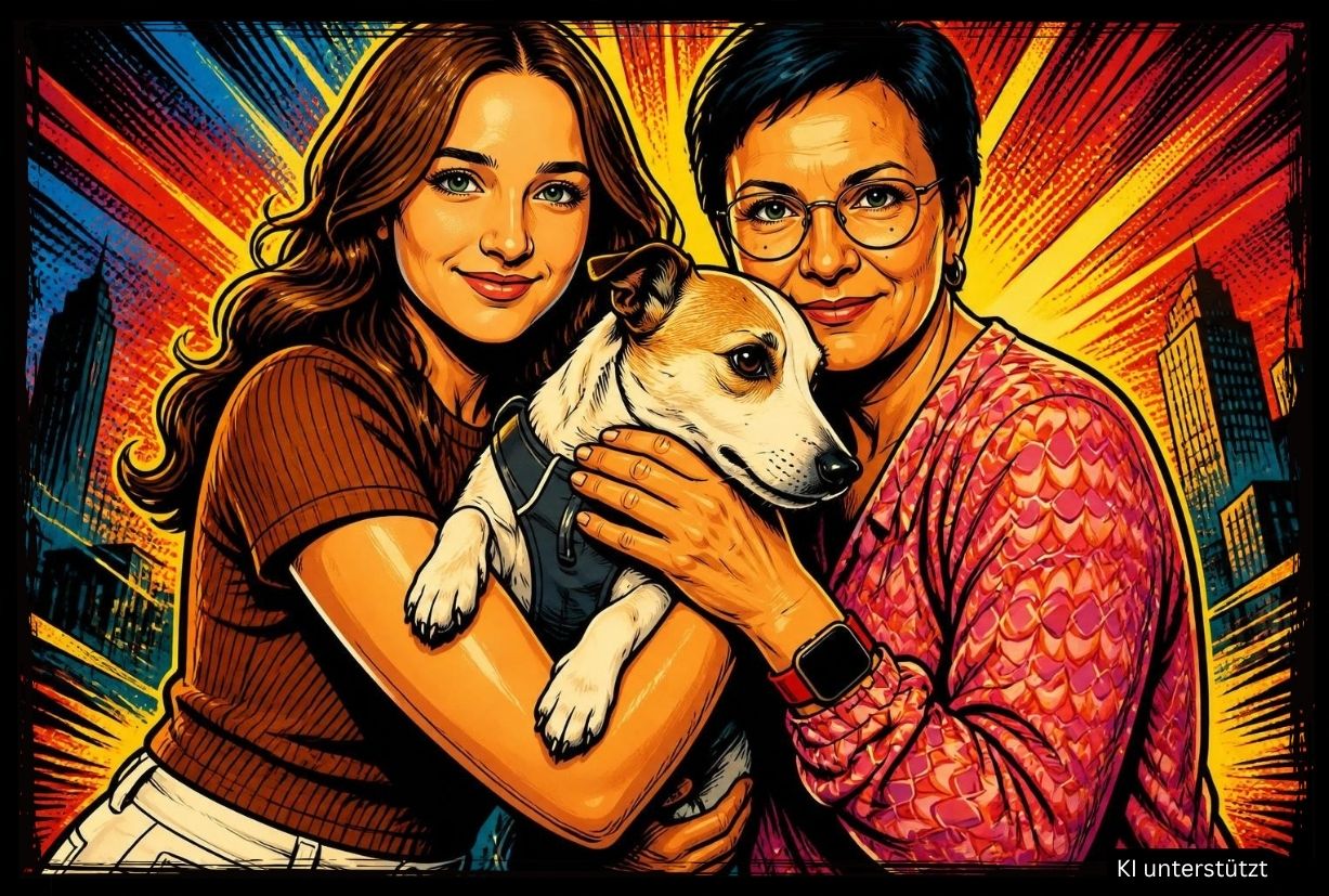 Zwei Frauen halten einen weißen Hund vor einem farbenfrohen Comic-Hintergrund - KI-generiertes Porträt im Pop-Art-Stil