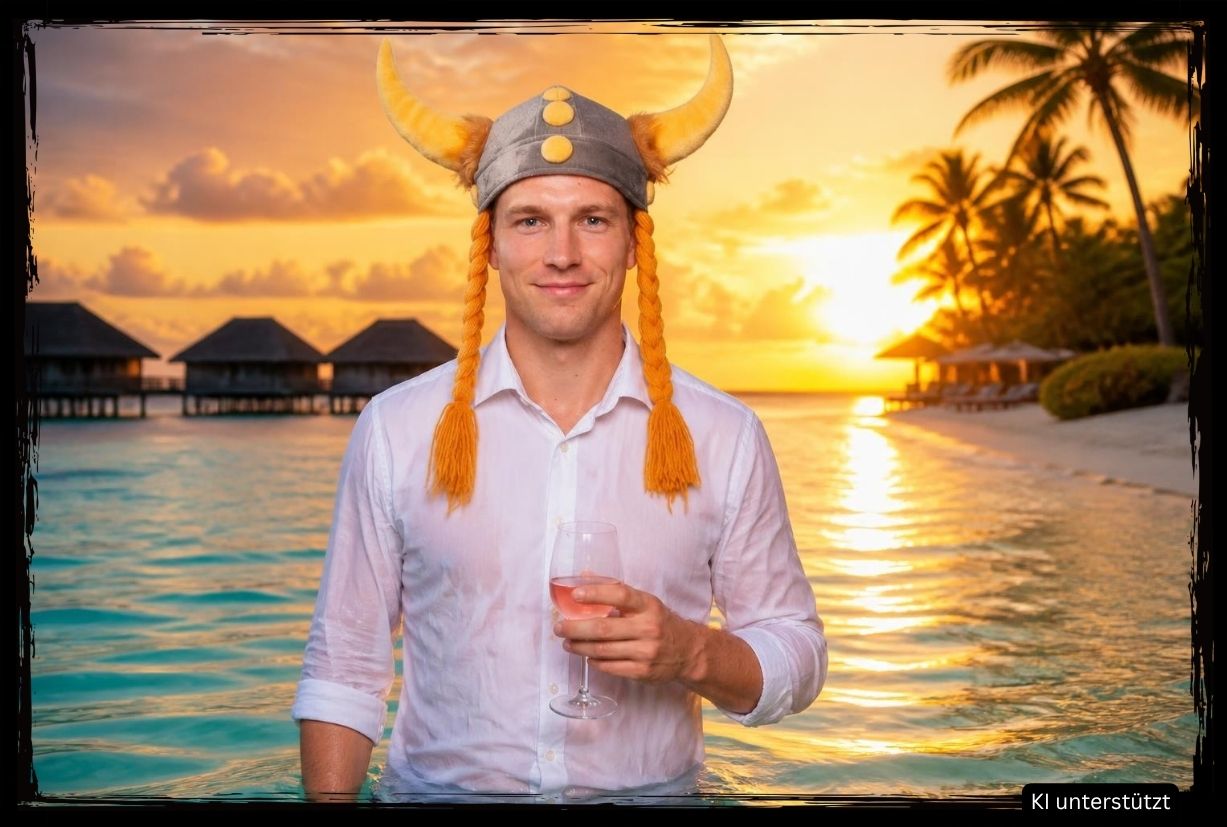 Mann in Vikinger-Kostüm mit Hörnern-Helm und orangenen Zöpfen hält Glas vor tropischem Strand bei Sonnenuntergang - TR-Fotobox Requisiten